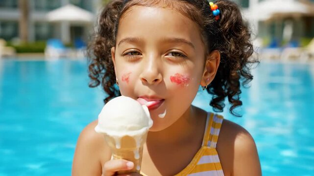 Delightful child enjoying an ice cream cone by the pool, A young girl's carefree summer day by the sparkling popsicle