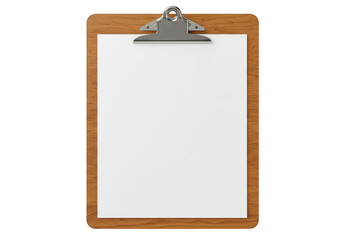 A wooden clipboard with a metal clip holding a blank white sheet of paper, isolated on a transparent background
