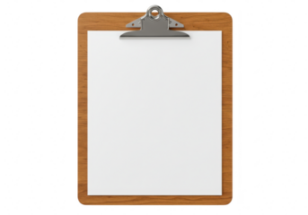 A wooden clipboard with a metal clip holding a blank white sheet of paper, isolated on a transparent background
