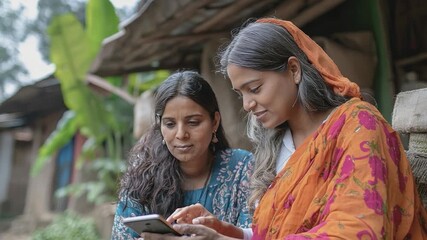 Connecting Communities: Two women of diverse backgrounds share a moment of connection and communication while using a smart phone. Their interaction hints at the strength found in unity.