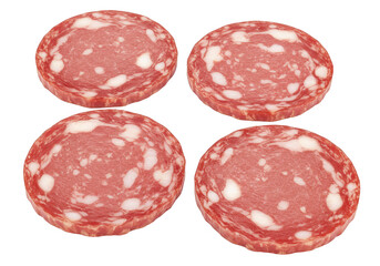 Four round slices of salami with white fat marbling, isolated on a transparent background