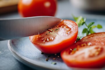 A sharp knife slicing fresh tomato on a plate, symbolizing the importance of fresh ingredients in healthy, balanced meals.