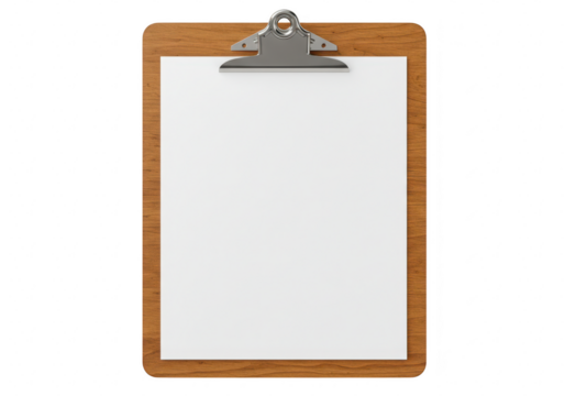 A wooden clipboard with a metal clip holding a blank white sheet of paper, isolated on a transparent background