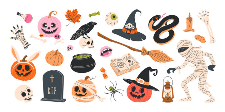 Happy Halloween set of isolated design elements. Hand drawn spooky and cute clipart bundle on white. Witch hat, mummy, pumpkin, raven, snake, scull, cauldron with potion, spellbook, tombstone, candies