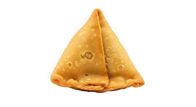 Close up of a single samosa with golden brown crust on a transparent background