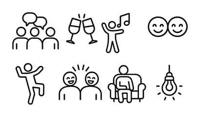 Socializing Icon Set. Outline icon set of casual socializing: chatting group, clinking glasses, party music,