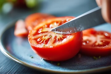 A sharp knife slicing fresh tomato on a plate, symbolizing the importance of fresh ingredients in healthy, balanced meals.
