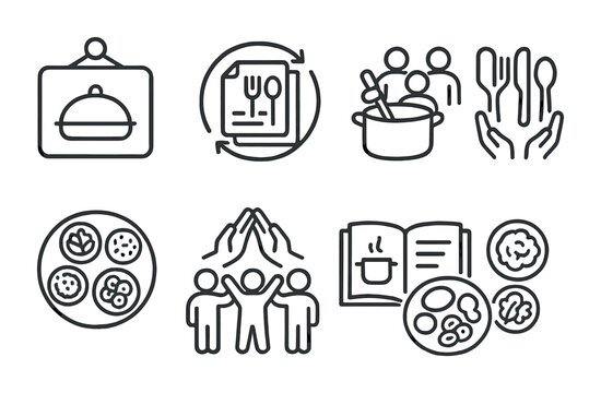 Community Meals Icon Set. Outline icon set of community meals: potluck sign, recipe exchange, group cooking,