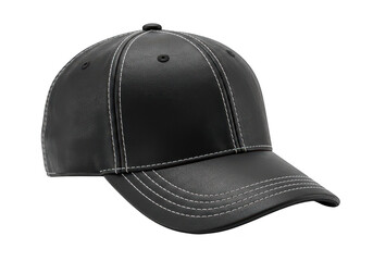 A black leather baseball cap with white stitching, isolated on a transparent background, representing casual style and headwear