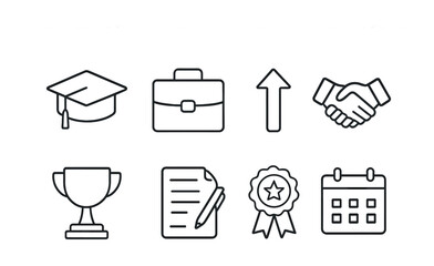 Career Milestones Icons. Outline icon set of career milestones: graduation cap, briefcase, promotion arrow,