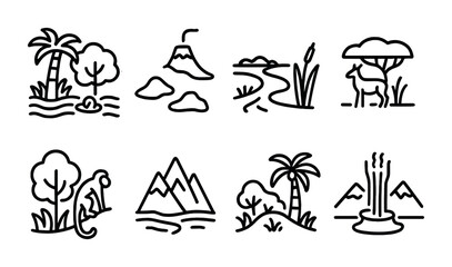Birdwatching Destinations Icons. Outline icon set of famous birdwatching destinations: Amazon rainforest,