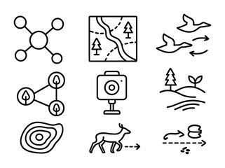 Ecological Network Icons. Outline icon set of ecological networks: ecosystem nodes, corridors map, species
