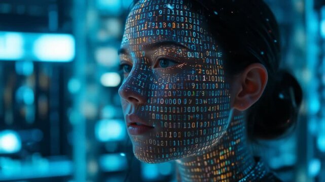 Human-computer interaction concept - HCI. A person with binary code projected onto their face, an intimate interaction between humans and digital technology in the digital world. 4k video