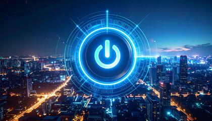 Glowing Power Button over Night Cityscape