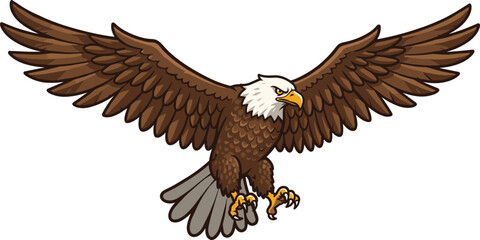 Cartoon bald eagle flying, fierce bird of prey illustration, majestic wings spread, predator raptor art, wildlife vector drawing, sky hunter