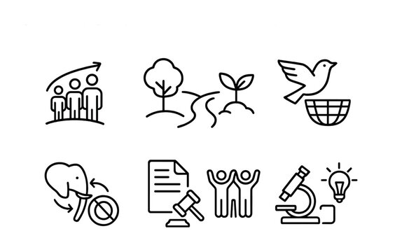 Conservation Success Icons. Outline icon set of Success stories in conservation: population growth, habitat