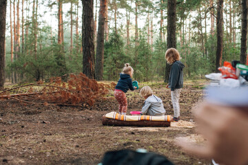 Children playing in the woods during family camping trip
