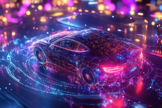 AI-controlled car surrounded by digital patterns and neural networks