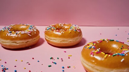 Three donuts with sprinkles on top of a pink background. The donuts are arranged in a row, with the middle one slightly larger than the other two. The sprinkles add a festive touch to the scene - Powered by Adobe