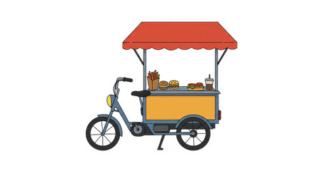 Cartoon Illustration of a Food Cart Bicycle Selling Burgers, Hot Dog, Fries, and Drink