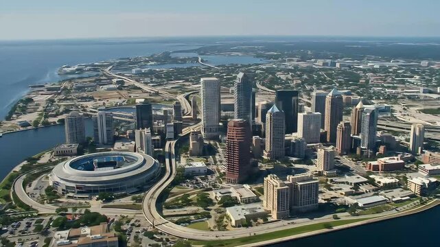 Tampa Skyline in Tampa, Florida, United States. Landscape of High-Rise Buildings. Downtown District. Tampa Skyline in Florida, Coastal City, Outdoors.