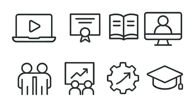 Freelance Skills Icons. Outline icon set of Freelance skills development: online course, certificate, book,