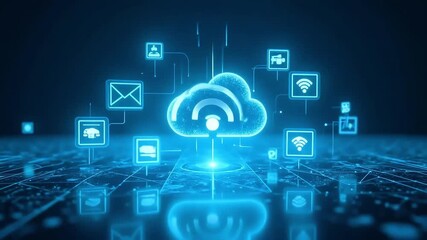 Dynamic cloud computing network with data transfer icons and glowing connection lines, futuristic digital concept. - Powered by Adobe