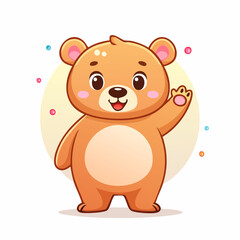Adorable brown bear cub waving hello, cheerful cartoon illustration.