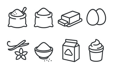 Dessert Ingredient Icons. Outline icon set of dessert ingredients: sugar, flour, butter, eggs, vanilla pod,