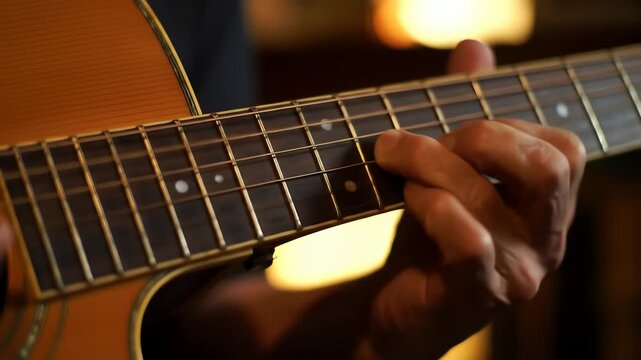 Close up of a musician's hands expertly playing chords on a classic acoustic guitar fretboard