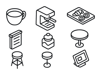 Isometric Café Icons. Outline icon set of isometric cafes: coffee cup, espresso machine, pastry tray, wall