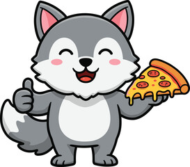 Cartoon wolf eating pizza slice, happy animal character, funny food illustration, cute mascot design, vector art for children, humor