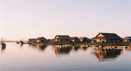 Fototapeta premium Tranquil waterfront huts reflected in a calm lake at dawn.
