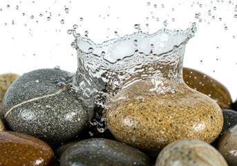 A dynamic splash of water crowns a collection of wet, smooth stones isolated on transparent background