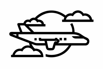 Airplane icon flying through clouds with a circular backdrop in a simple black line drawing style