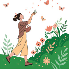 Spring Bloom Woman Garden Line Art