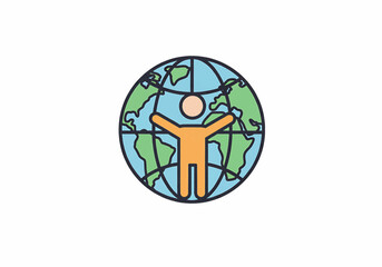 Person standing in front of a globe with arms outstretched in a gesture of welcome and unity