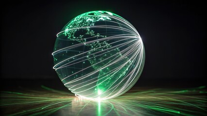 Green energy investment concept, Glowing globe with light trails representing global connectivity and technology.