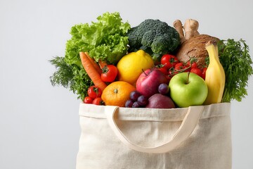 A shopping bag filled with healthy diet foods, emphasizing a nutritious, balanced grocery list for those seeking a healthy lifestyle.