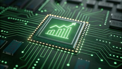 Obraz premium Green energy investment concept, Digital circuit board featuring a microchip and growth graph, symbolizing technology and progress.