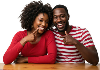 A happy couple, a woman and a man, smiling and pointing at each other, isolated on a transparent background