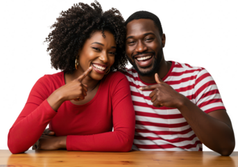 A happy couple, a woman and a man, smiling and pointing at each other, isolated on a transparent background