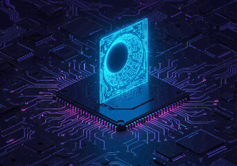 Glowing blue futuristic portal above a chip with intricate circuit board connections visible around it