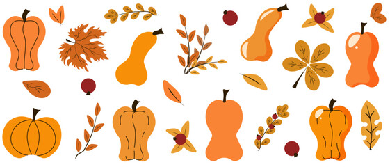 Fototapeta premium Autumn plant set. Vector illustration of big collection of Autumn leaves, Pumpkin in simple flat style. Perfect Autumn design element template design. EPS 10