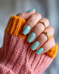 Pastel mint manicure with multicolored stars and soft cozy sweater background