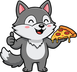 Cute cartoon wolf eating pizza, happy animal character, holding pepperoni slice, smiling mascot illustration, funny food design for kids