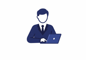 Illustration of a faceless man in suit working on a laptop against a white background space for text