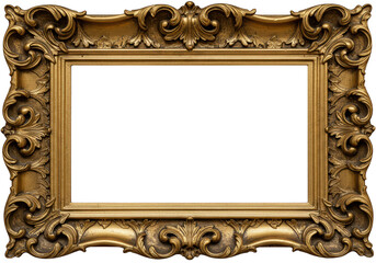 An ornate vintage gold picture frame with intricate carvings, isolated on a transparent background
