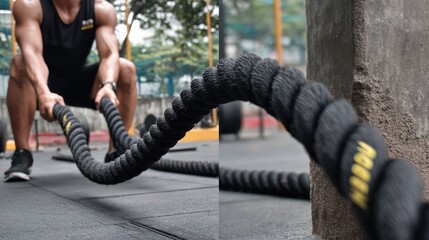 Man working out with battle ropes outdoors
