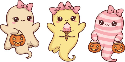 Cute Halloween ghost characters with bows, kawaii style, holding pumpkins and ice cream, adorable cartoon illustration for kids, festive fun